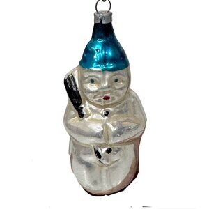 Vintage Snowman Germany Mercury Glass Christmas Ornament Silver Blue 4" Antique